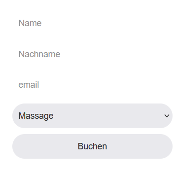 Die letzte Seite des Buchungssystems um die Buchung zu bestätigen, hier ist die Eingabe für Name, Nachname, email und Massage mit dem Button für Buchen