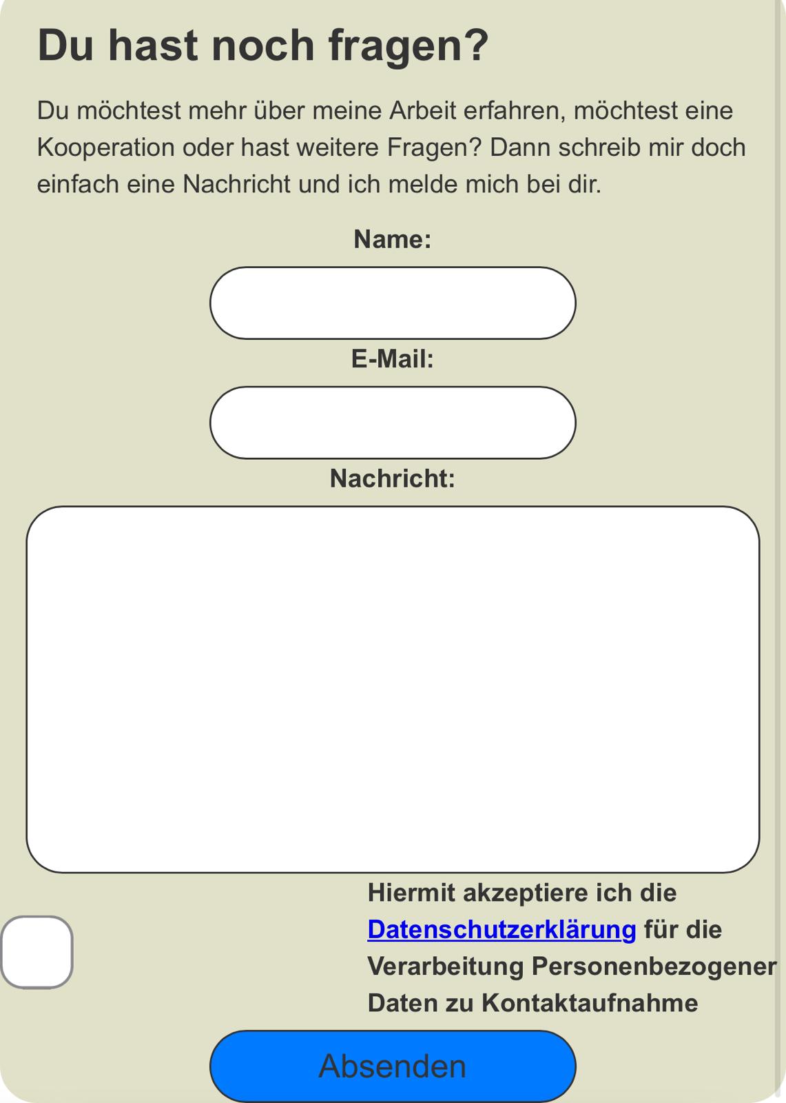 Ein Beispiel Kontakt Formular, welches Name, E-Mail und Nachricht anzeigt und einen Absende Button